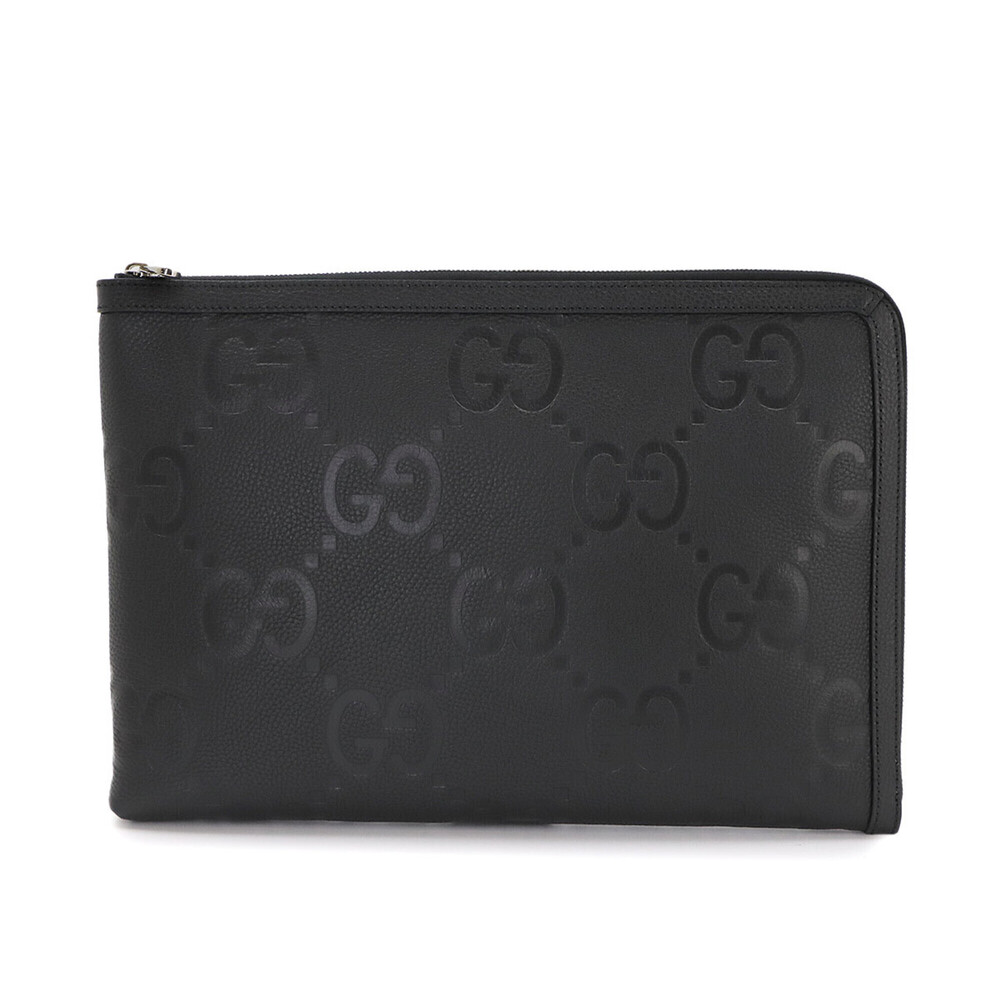 Gucci Jumbo GG Document Case Clutch Handbag Leather Black 792262 Silver Hardw...